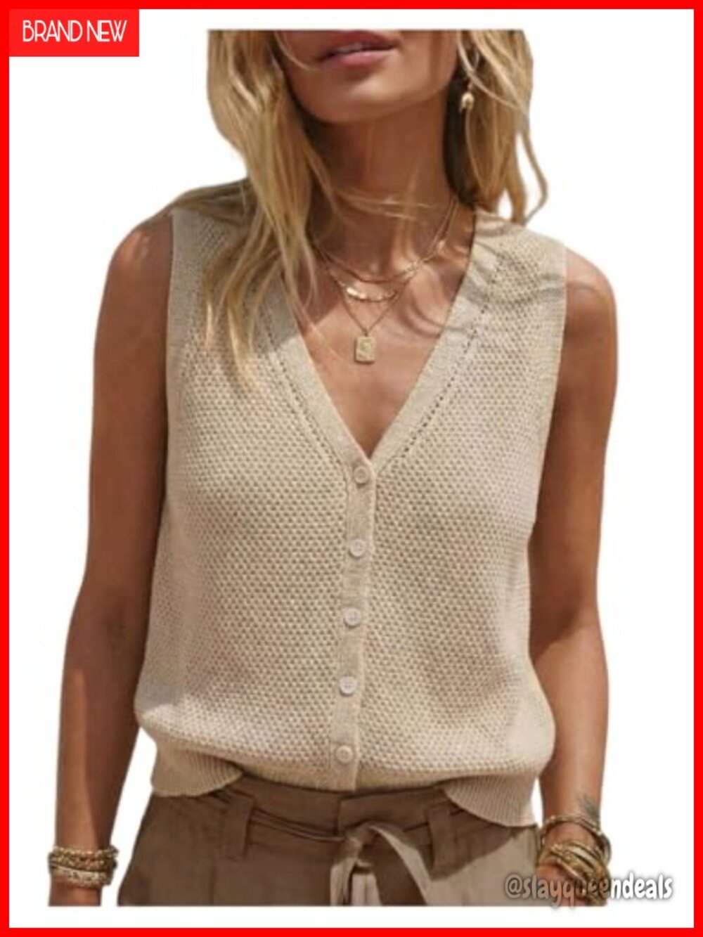 Crochet Button Down Sweater Vest Sleeveless V Neck Knit Soft
